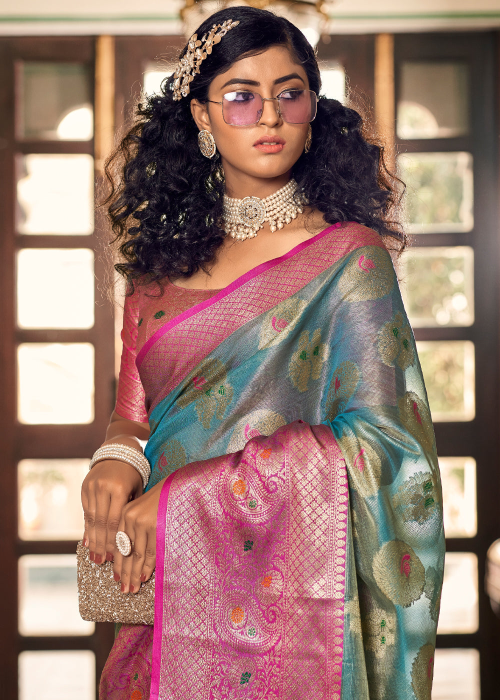 MySilkLove Lynch Blue and Pink Woven Banarasi Organza Silk Saree