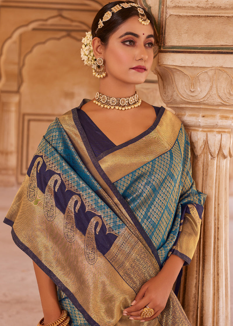 Corduroy Blue and Golden Woven Kanjivram Silk Saree