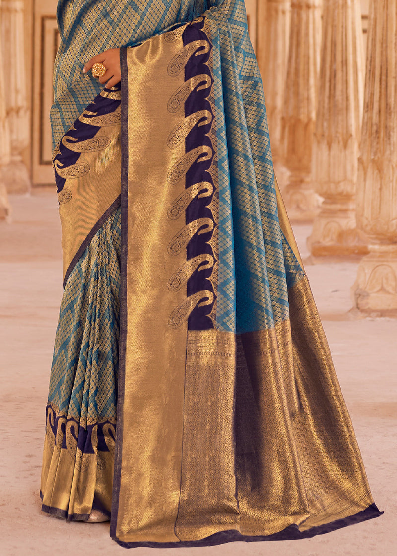 Corduroy Blue and Golden Woven Kanjivram Silk Saree