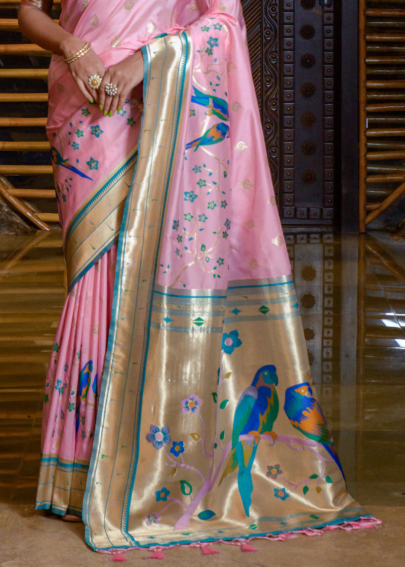 Handwoven Pink Kanjeevaram Silk Saree With Black Border