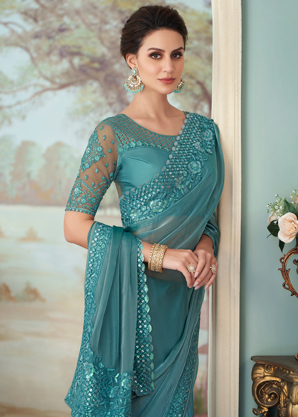 Buy MySilkLove Fountain Blue Designer Embroidered Satin Silk Saree Online