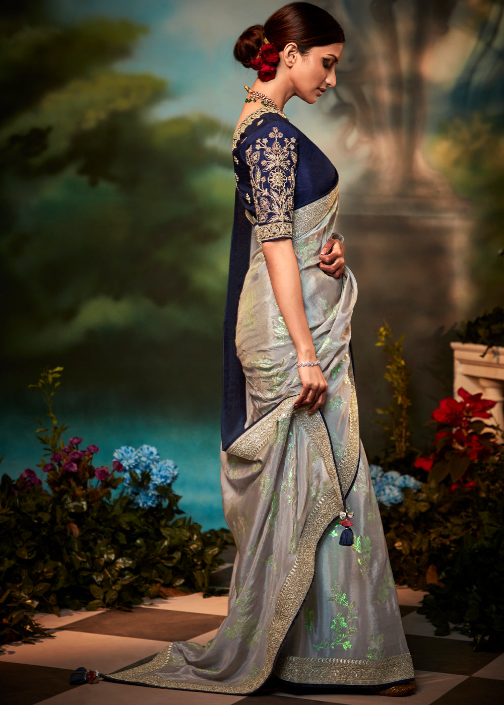 Buy MySilkLove Eagle Grey Woven Banarasi Soft Silk Designer Saree Online