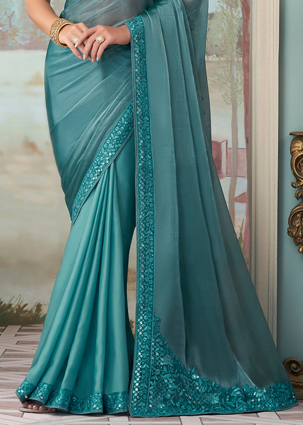 Buy MySilkLove Fountain Blue Designer Embroidered Satin Silk Saree Online