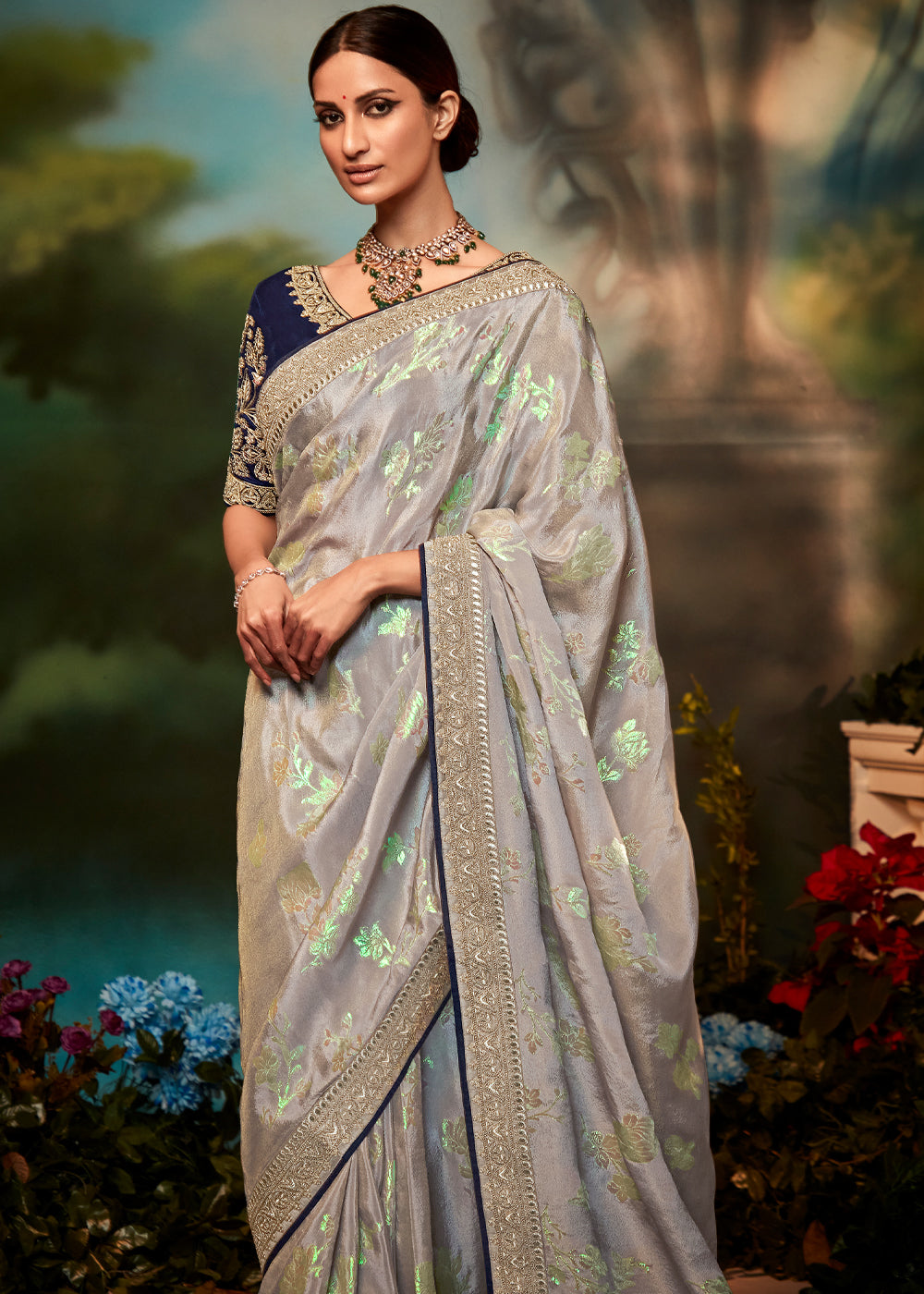 Buy MySilkLove Eagle Grey Woven Banarasi Soft Silk Designer Saree Online