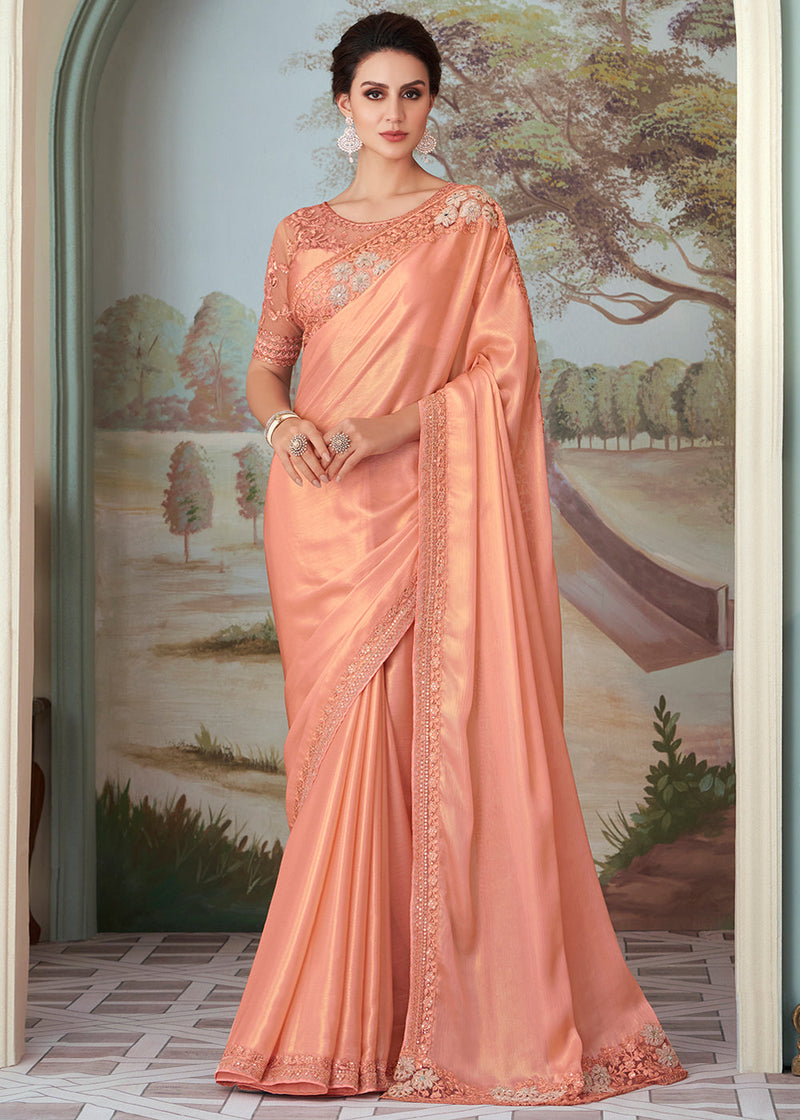 Elegant Affair: Dark Peach Soft Silk Saree for Weddings and Parties -  Unstitched Regular | Soft silk sarees, Silk sarees, Saree wedding
