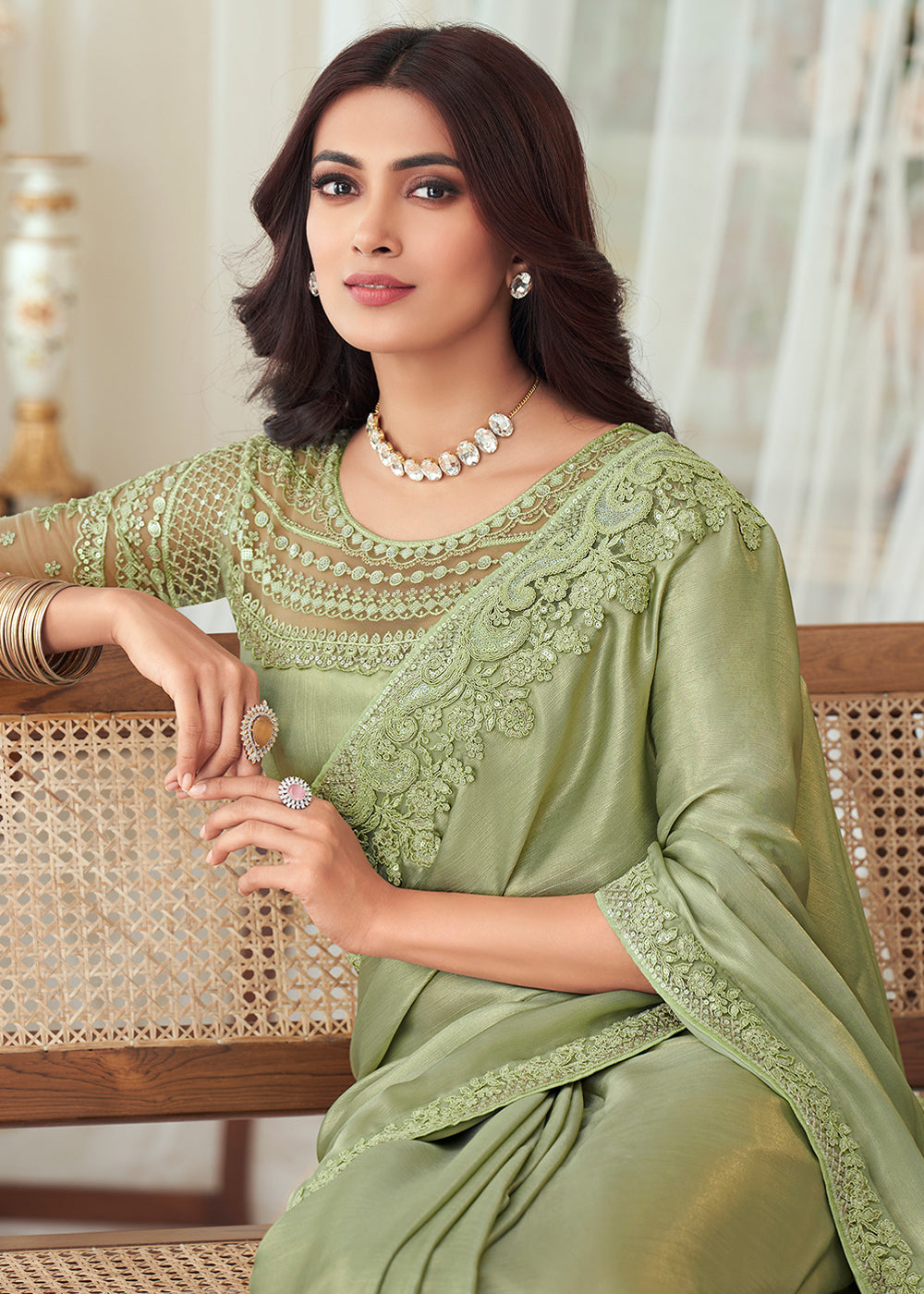 MySilkLove Thistle Green Designer Embroidered Satin Silk Saree