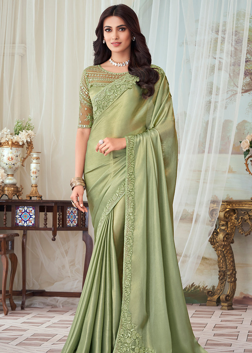 Buy MySilkLove Thistle Green Designer Embroidered Satin Silk Saree Online