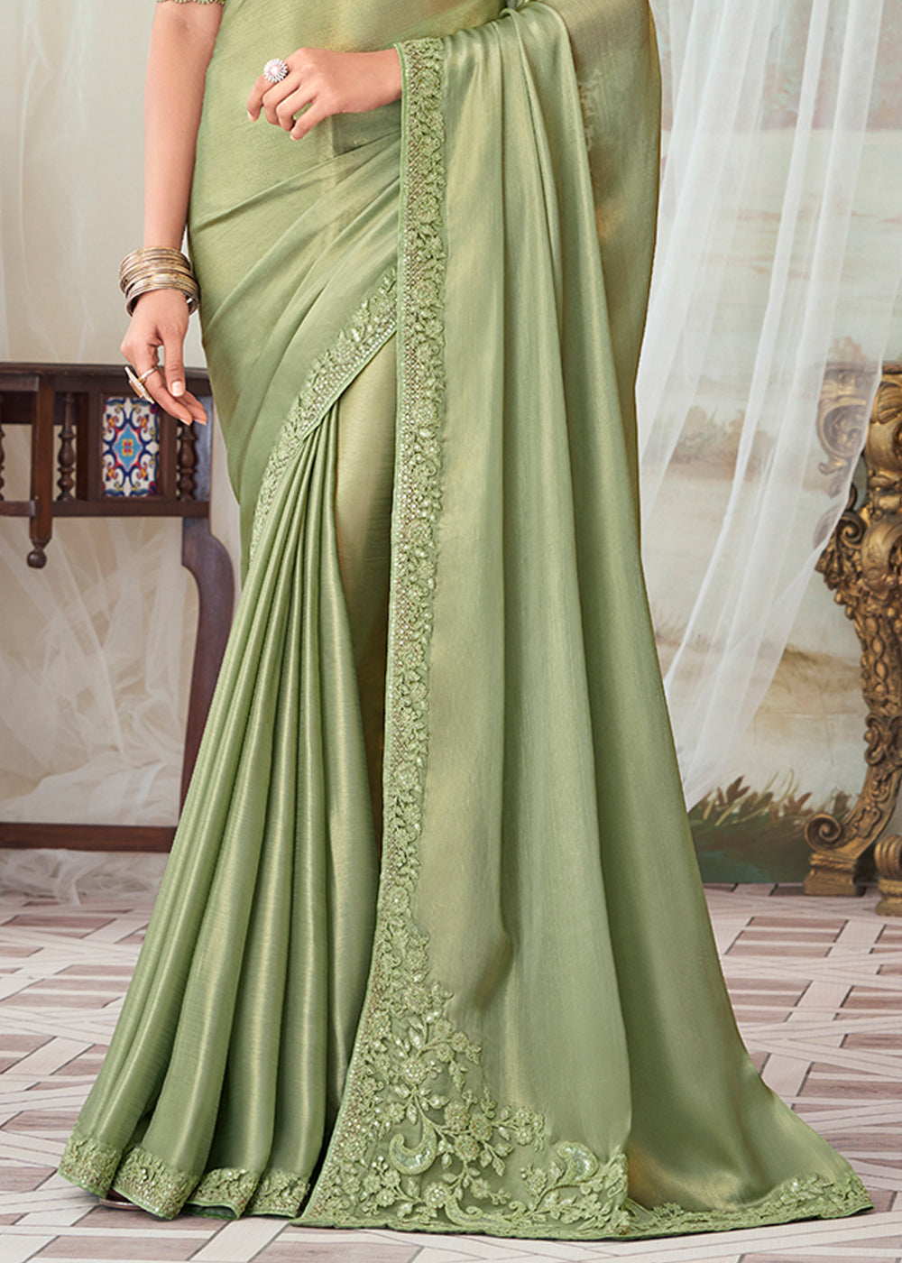 Buy MySilkLove Thistle Green Designer Embroidered Satin Silk Saree Online