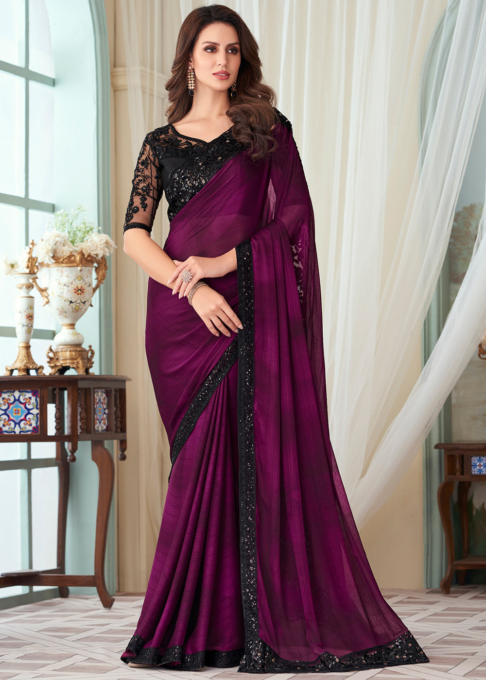 Buy MySilkLove Finn Purple Designer Embroidered Satin Silk Saree Online