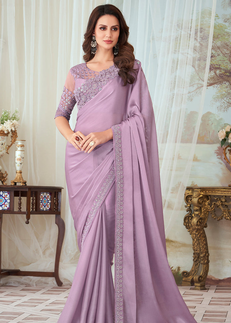 Glamorous Grace Lavender Georgette Saree Enhanced With Embroidery Work