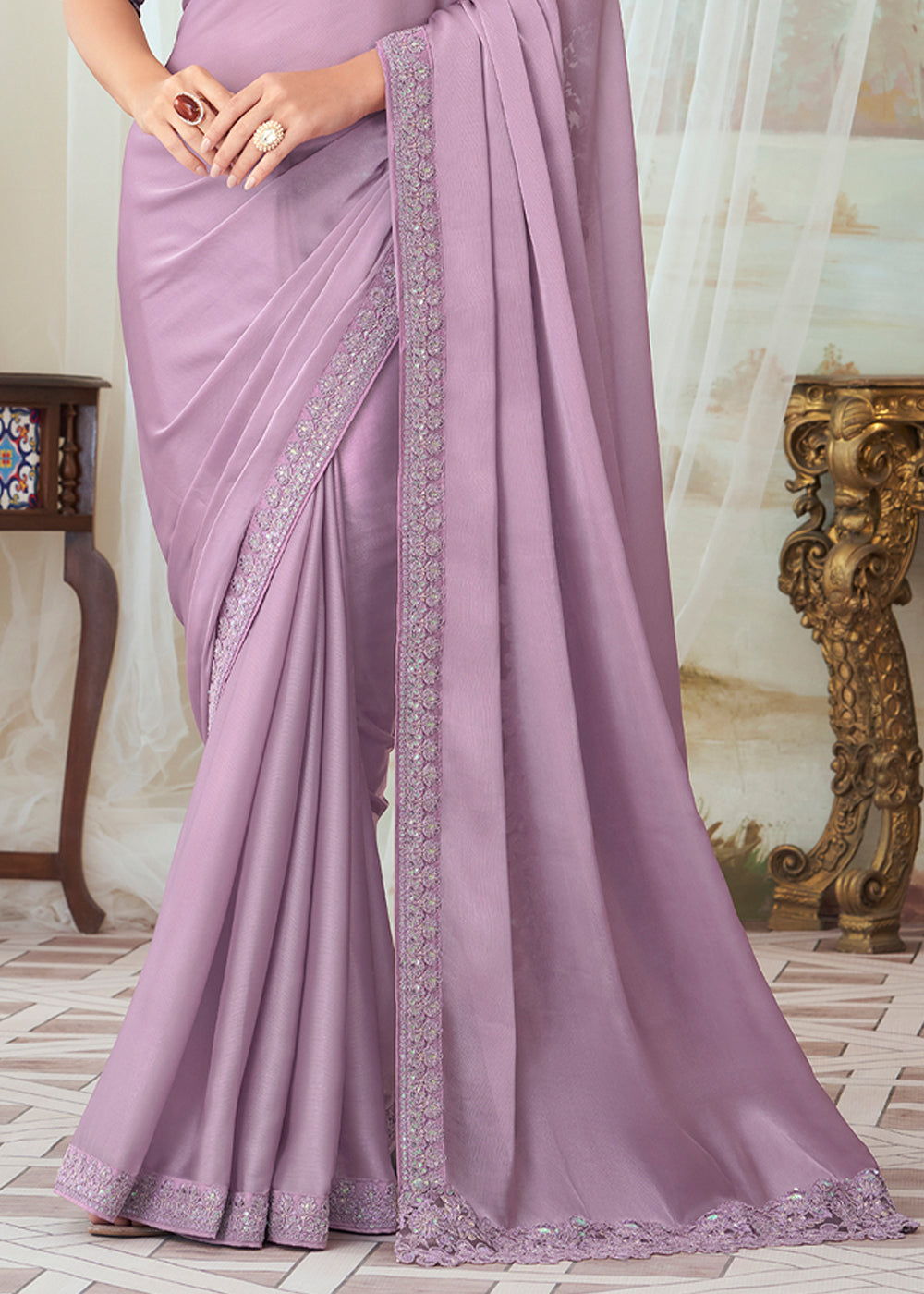 Buy MySilkLove Cherub Lavender Designer Embroidered Satin Silk Saree Online