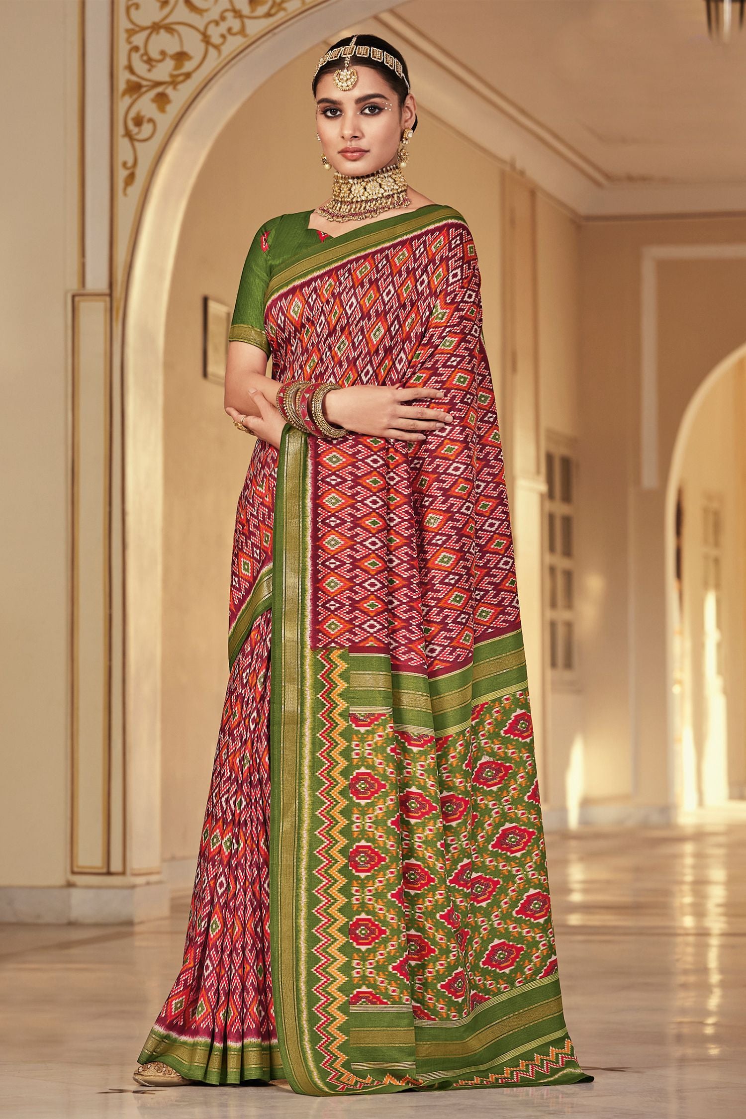 Buy MySilkLove Matrix Maroon and Green Patola Printed Art Silk Saree Online