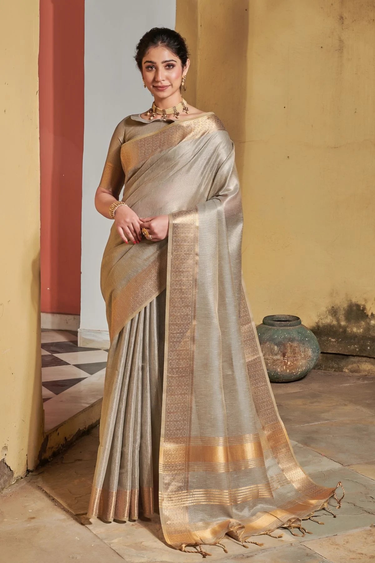 Buy MySilkLove Malta Grey Tissue Linen Saree Online