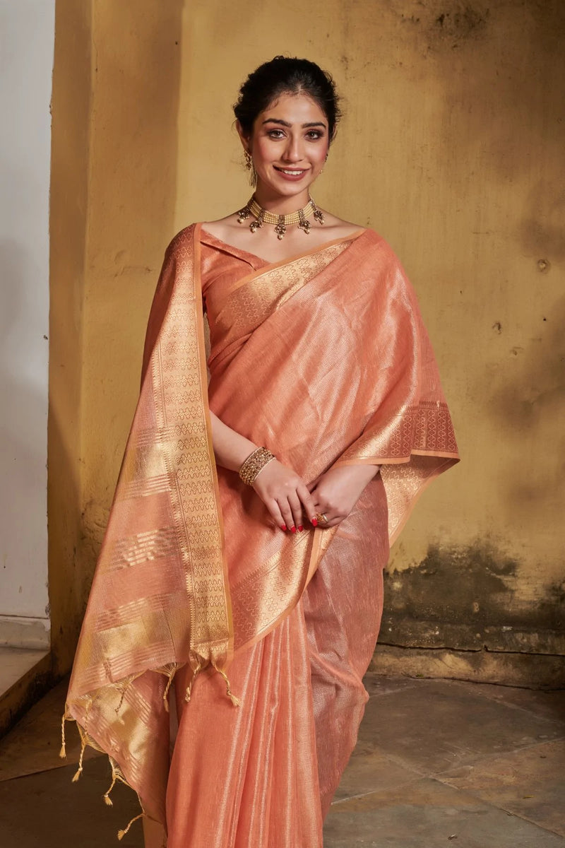 Handloom Linen Saree peach color - MS Handloom