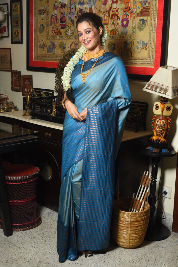 Buy MySilkLove Bondi Blue Woven Banarasi Silk Saree Online