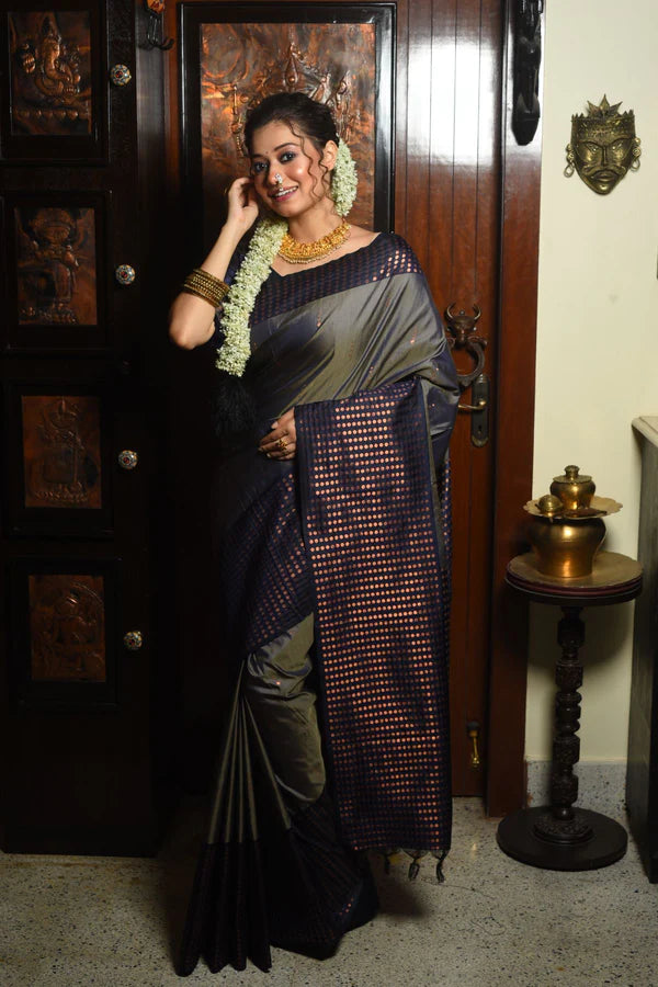 Buy MySilkLove Natural Grey Woven Banarasi Silk Saree Online