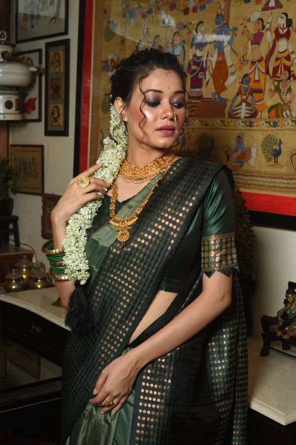 MySilkLove Leather Jacket Green Woven Banarasi Silk Saree