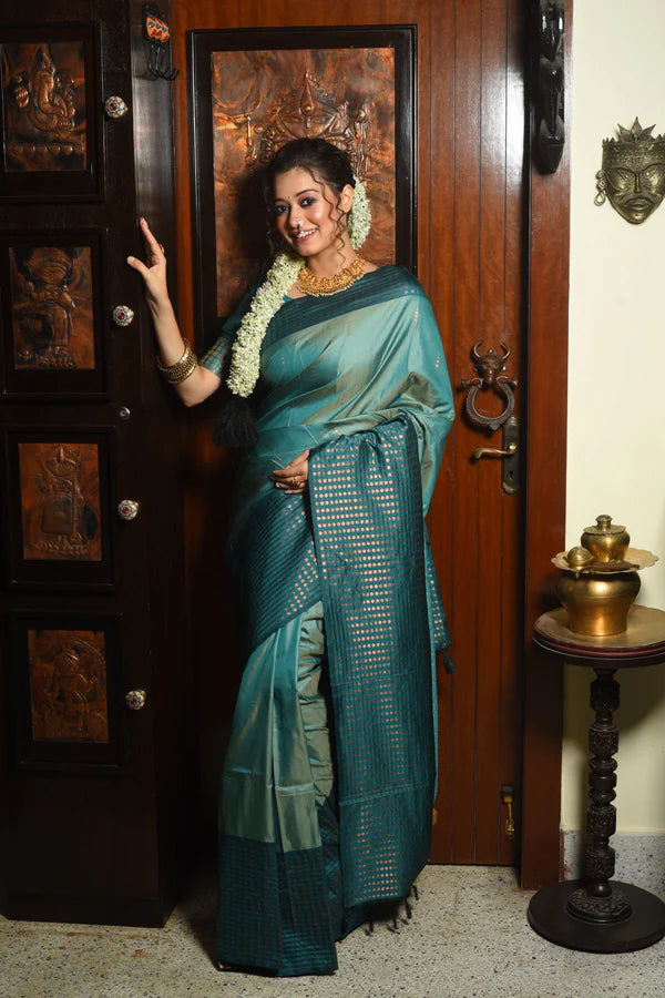 Buy MySilkLove Patina Blue Woven Banarasi Silk Saree Online