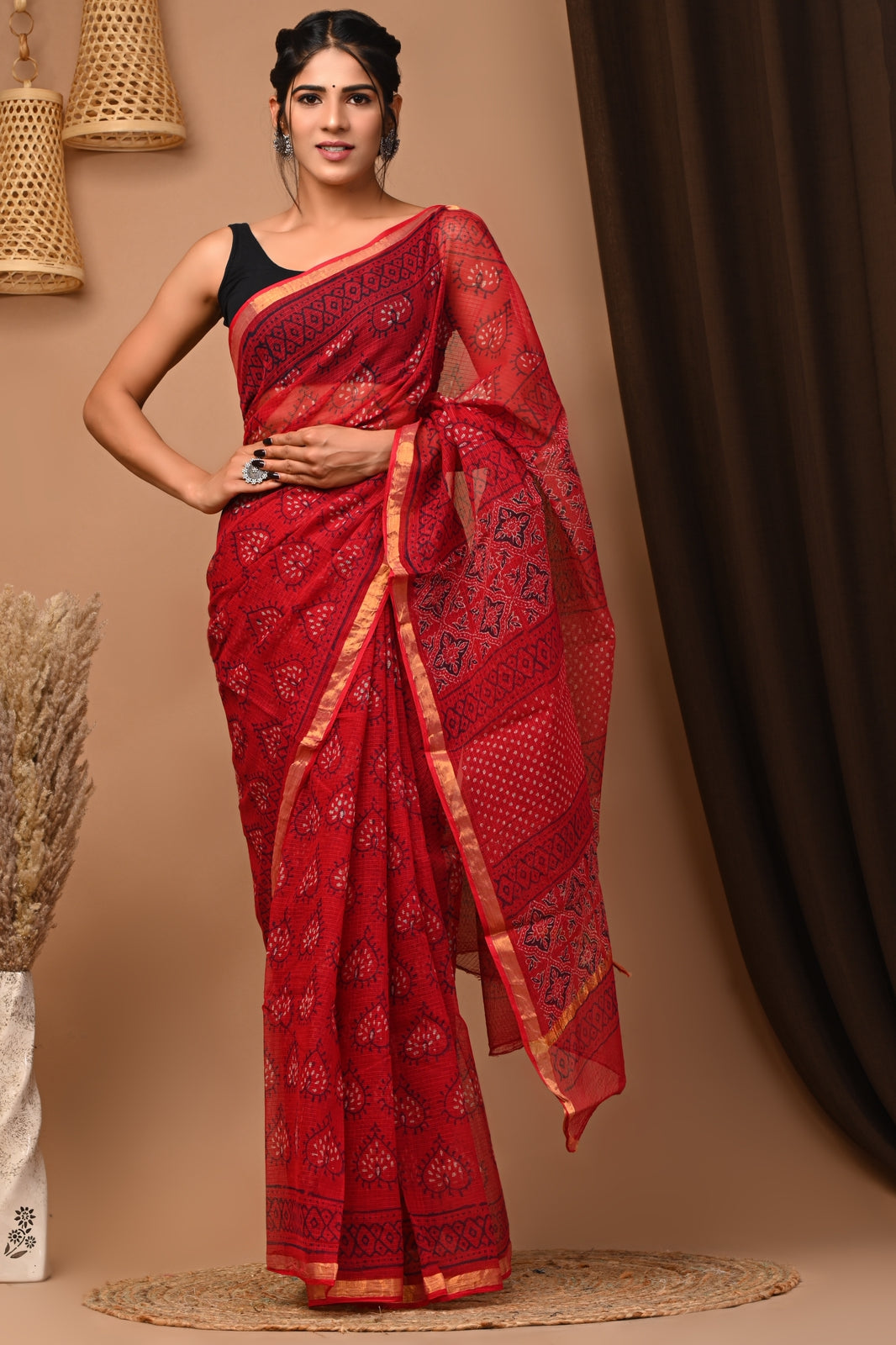 Buy MySilkLove Brick Red Handblock Kota Doriya Saree Online