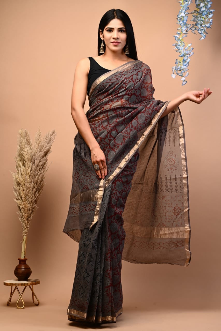 Buy MySilkLove Emperor Grey Handblock Kota Doriya Saree Online