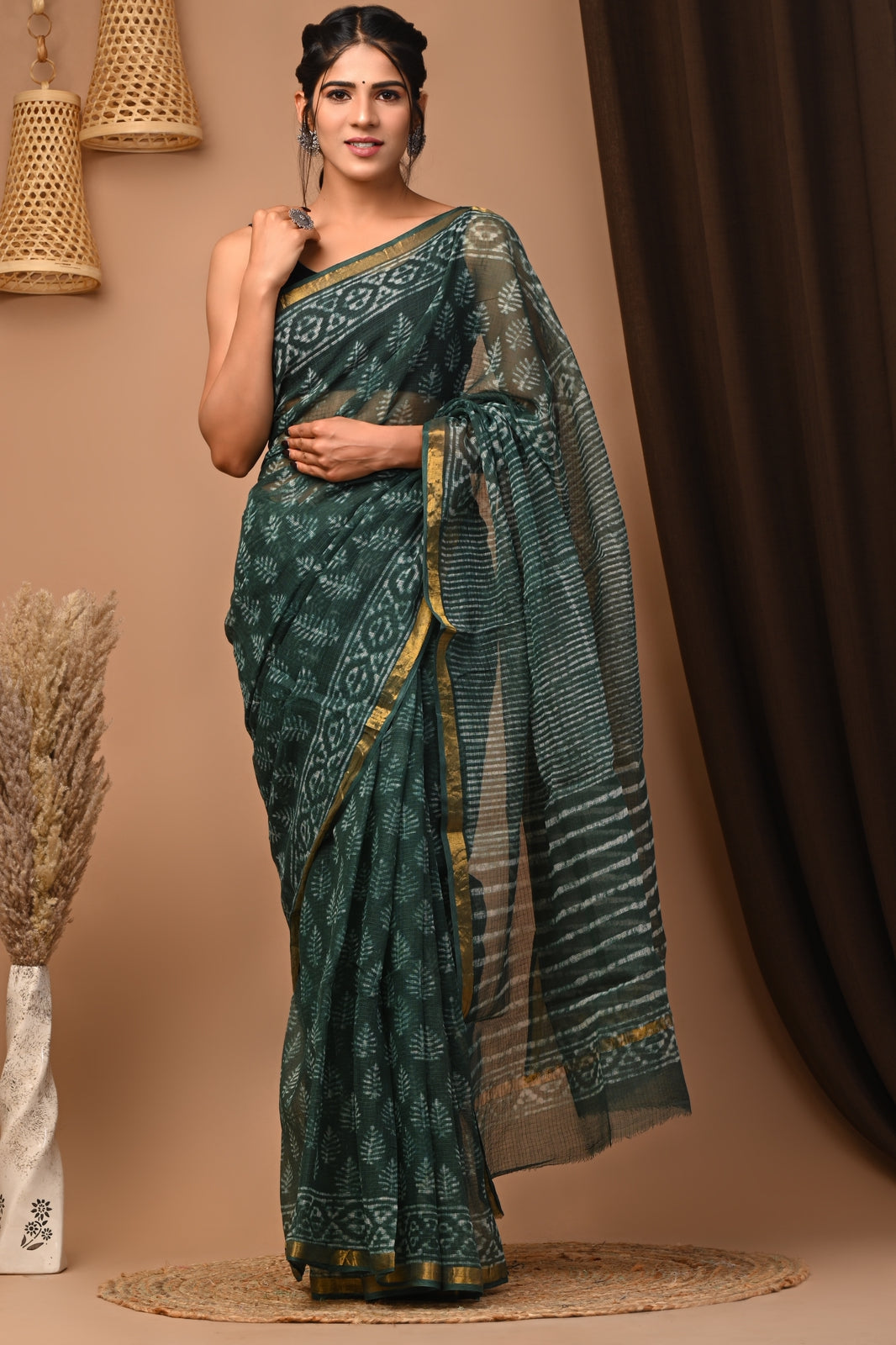 Buy MySilkLove Como Green Handblock Kota Doriya Saree Online