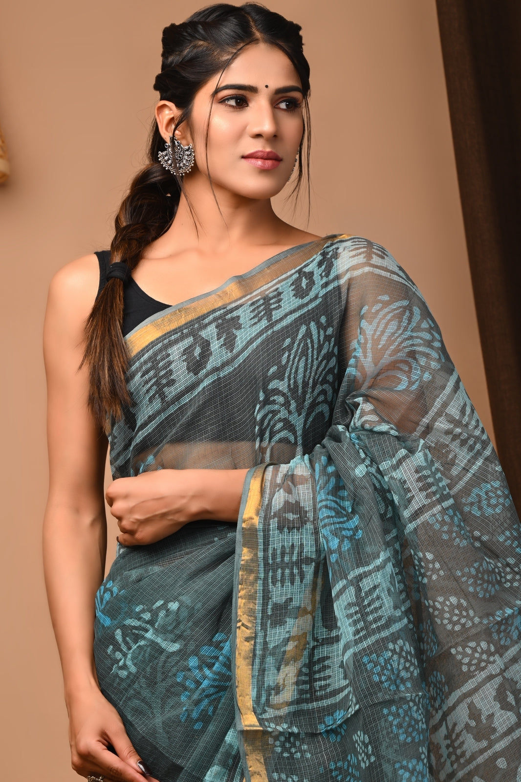 Buy MySilkLove Bluish Grey Handblock Kota Doriya Saree Online