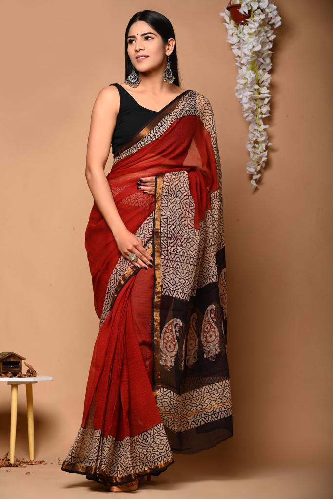 Buy MySilkLove Terracotta Maroon Handblock Kota Doriya Saree Online