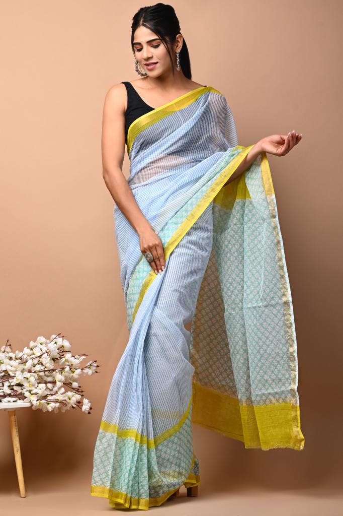 Buy MySilkLove Periwinkle Blue and Yellow Handblock Kota Doriya Saree Online