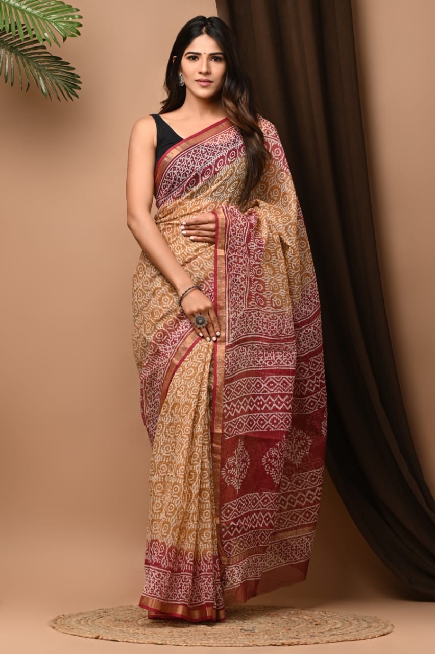 Buy MySilkLove Chocolate Brown Handblock Kota Doriya Saree Online