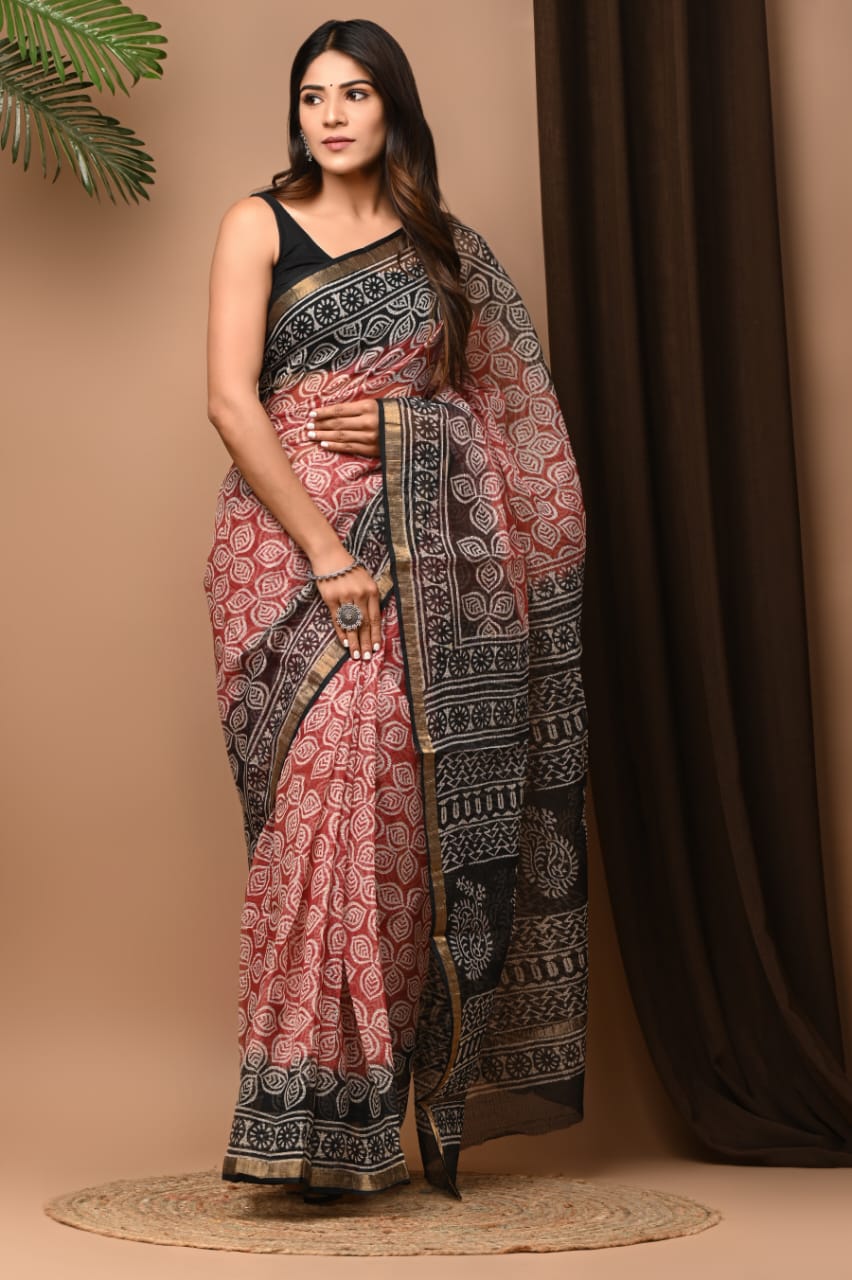 Buy MySilkLove Wewak Pink Handblock Kota Doriya Saree Online