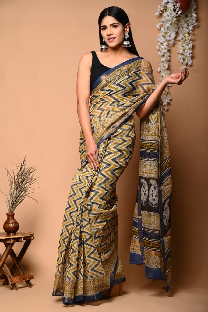 Buy MySilkLove Muddy Waters Brown Handblock Kota Doriya Saree Online