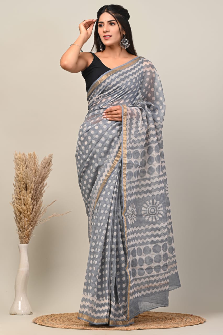 Buy MySilkLove Quick Silver Grey Handblock Kota Doriya Saree Online