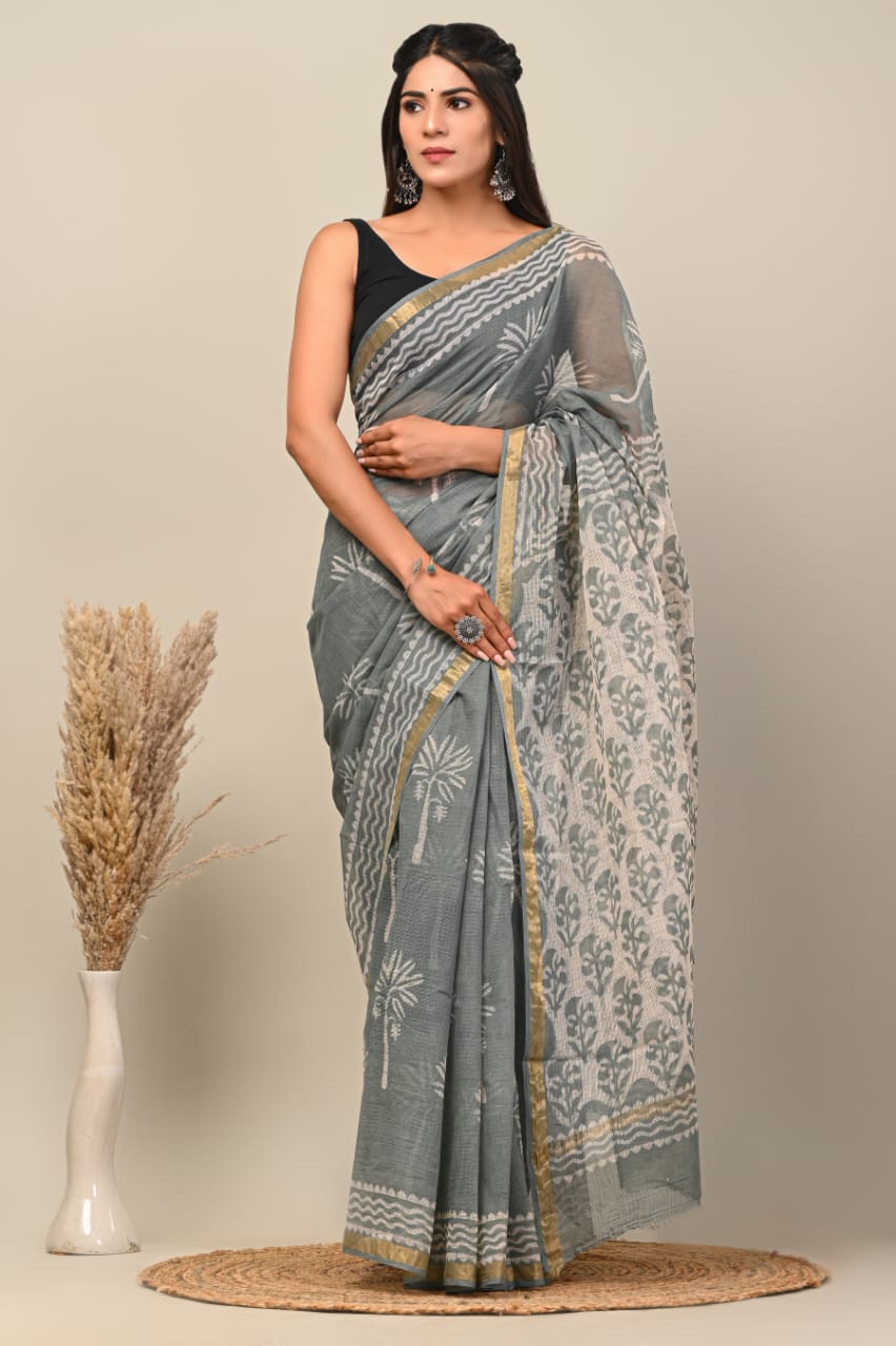 Buy MySilkLove Tapa Grey Handblock Kota Doriya Saree Online