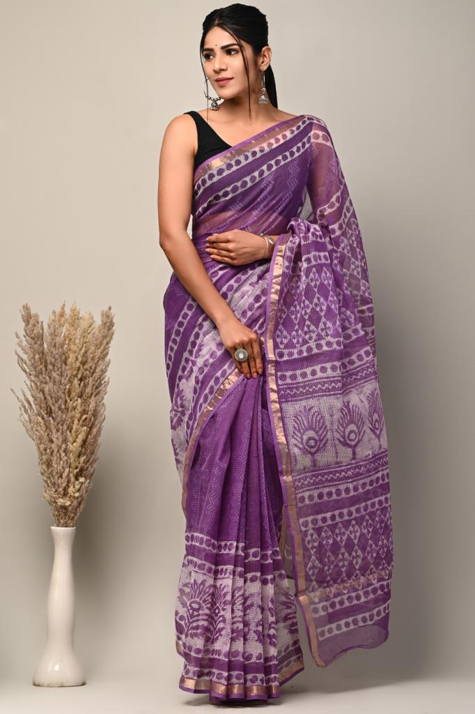 Buy MySilkLove Razzmic Berry Purple Handblock Kota Doriya Saree Online