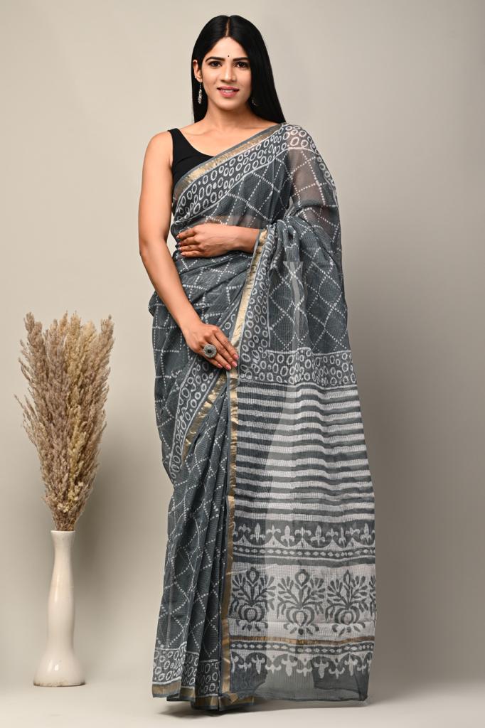 Buy MySilkLove Corduroy Grey Handblock Kota Doriya Saree Online