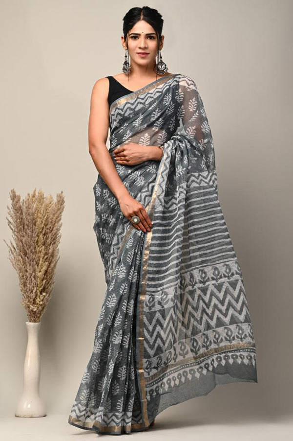 Abbey Grey Handblock Kota Doriya Saree