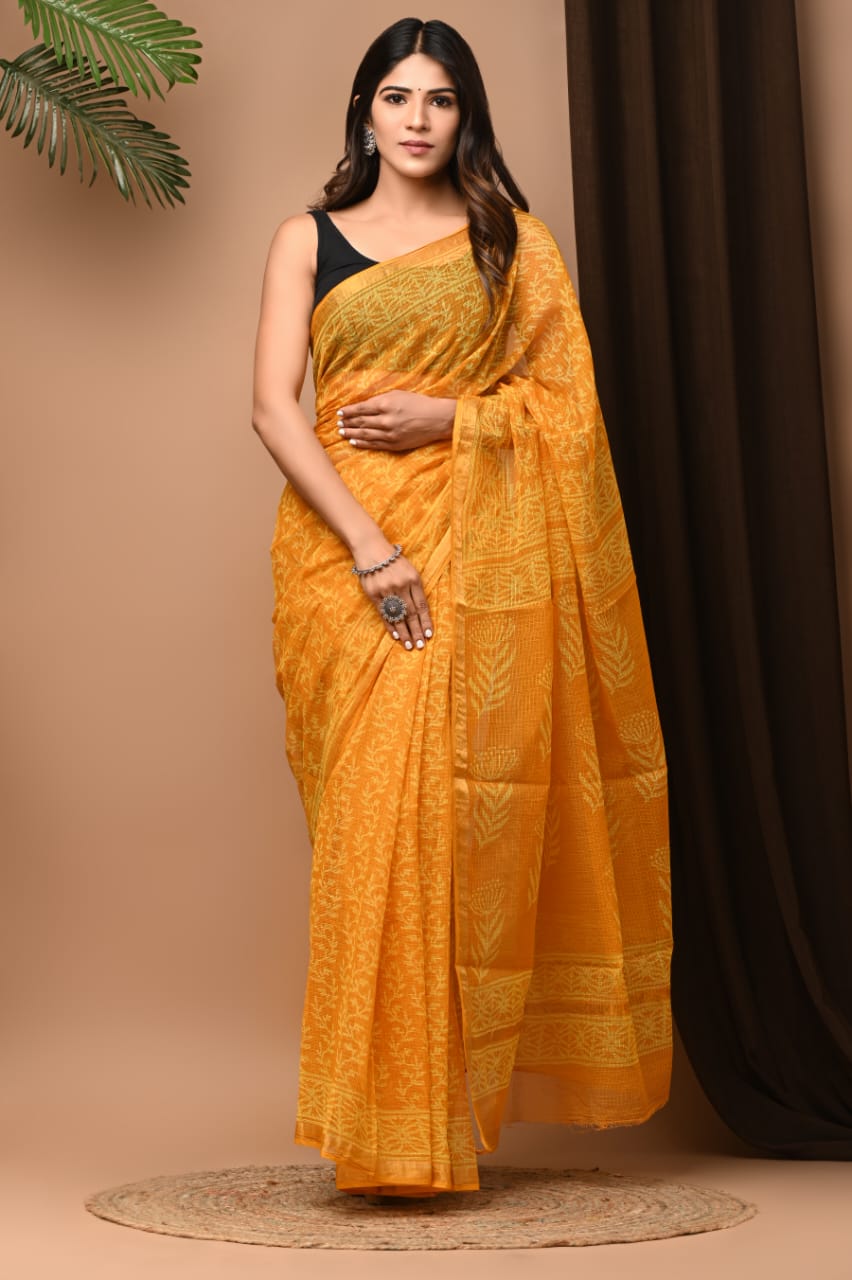 Buy MySilkLove Saffron Yellow Handblock Kota Doriya Saree Online