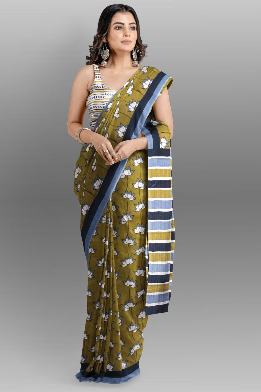 Buy MySilkLove Pesto Green Handblock Printed Cotton Mulmul Saree Online