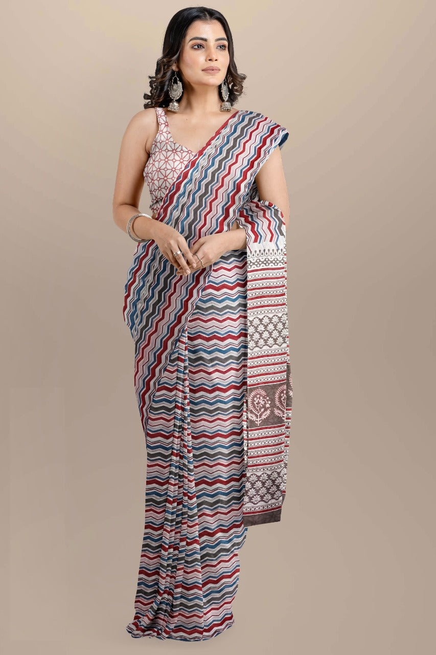 Buy MySilkLove Tan Brown Handblock Printed Cotton Mulmul Saree Online