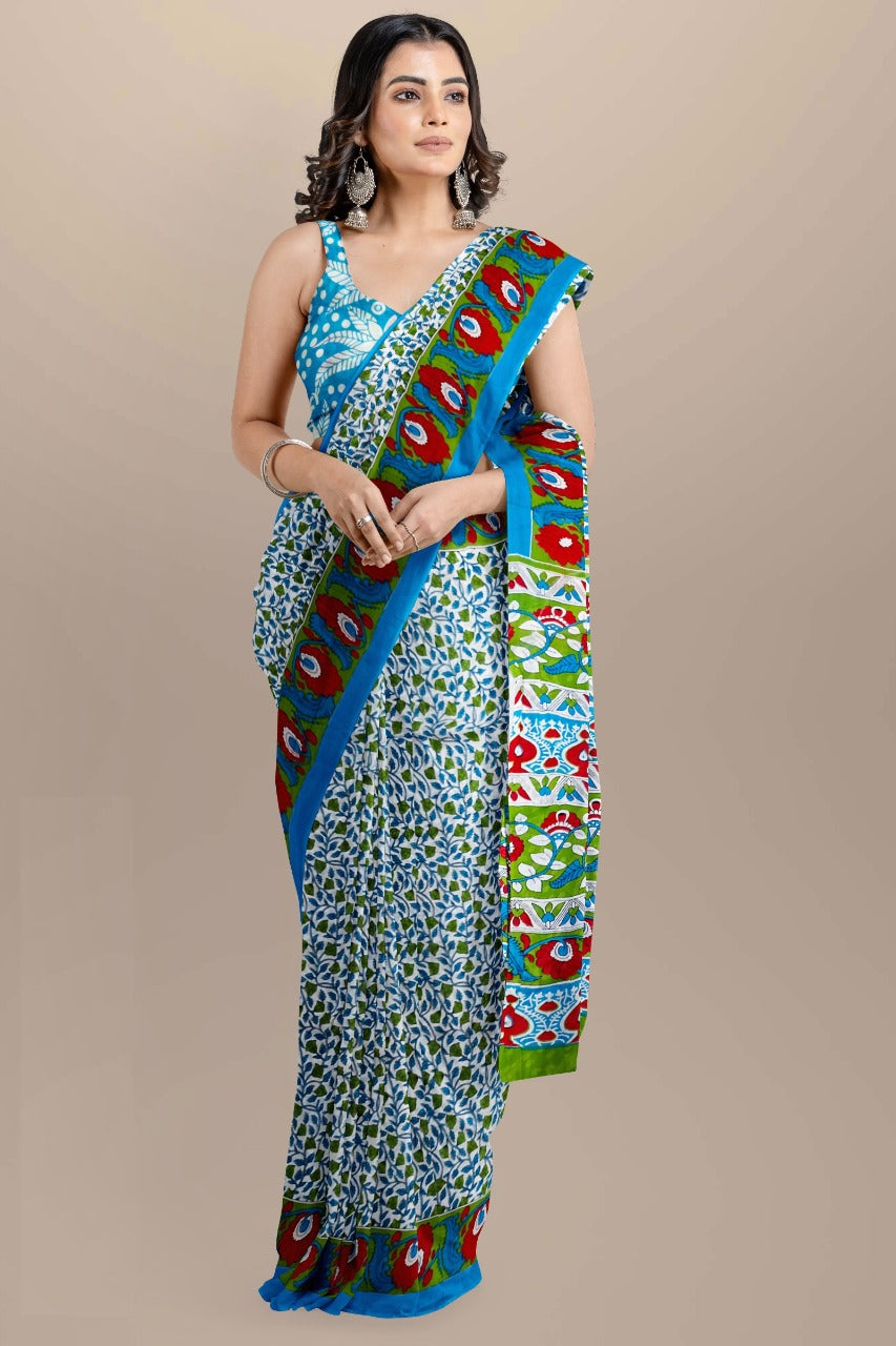 Buy MySilkLove Horizon Blue Handblock Printed Cotton Mulmul Saree Online