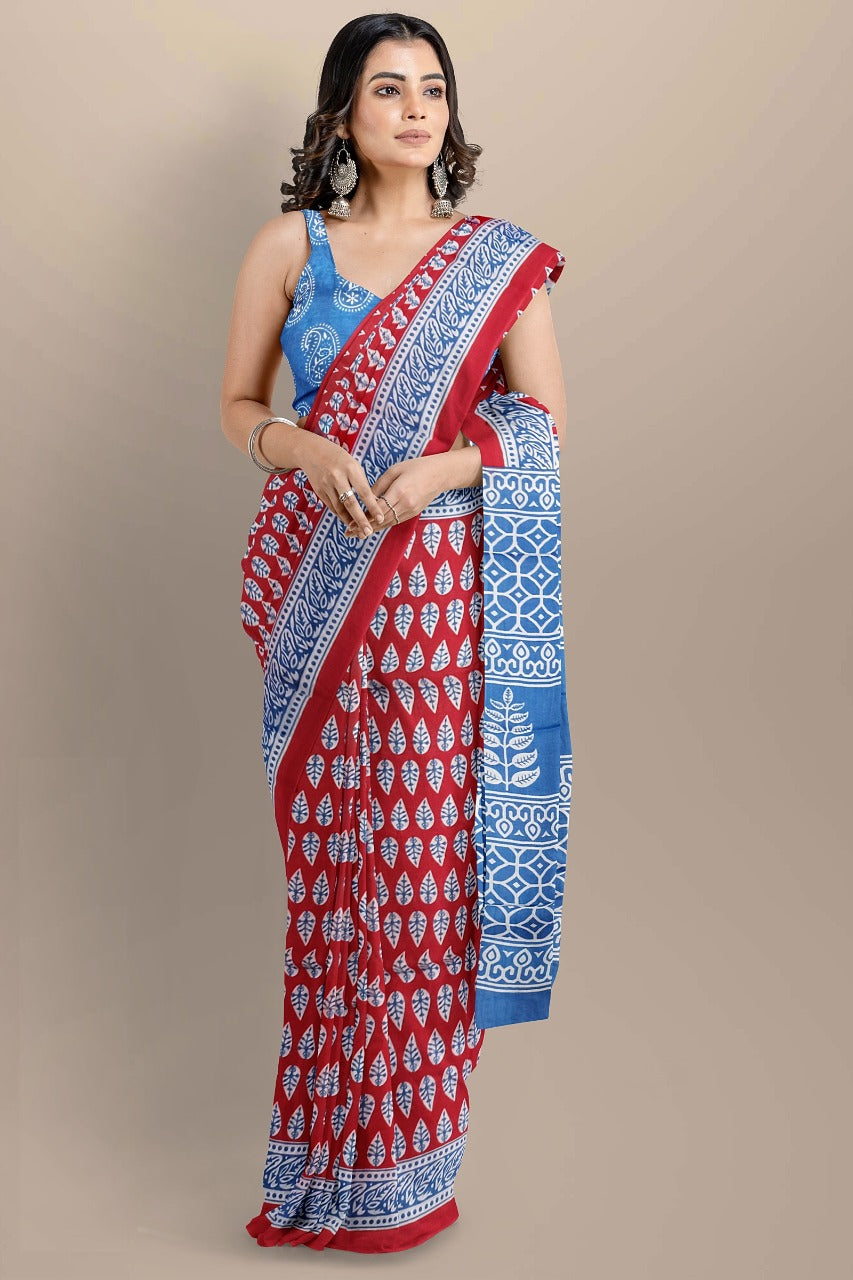 Buy MySilkLove Sweet Red Handblock Printed Cotton Mulmul Saree Online