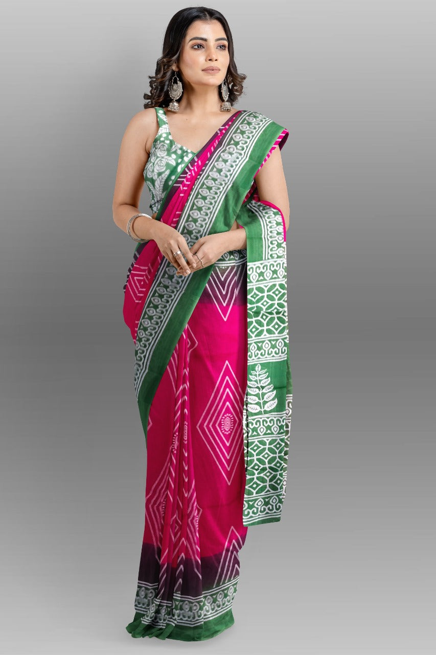 Mulberry Pink and Green Handblock Printed Cotton Mulmul Saree