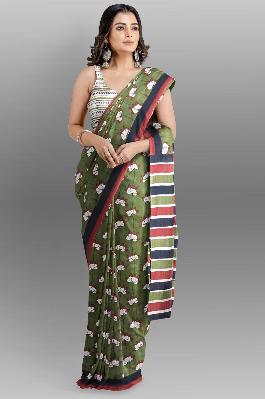 Buy MySilkLove Verdigris Green Handblock Printed Cotton Mulmul Saree Online