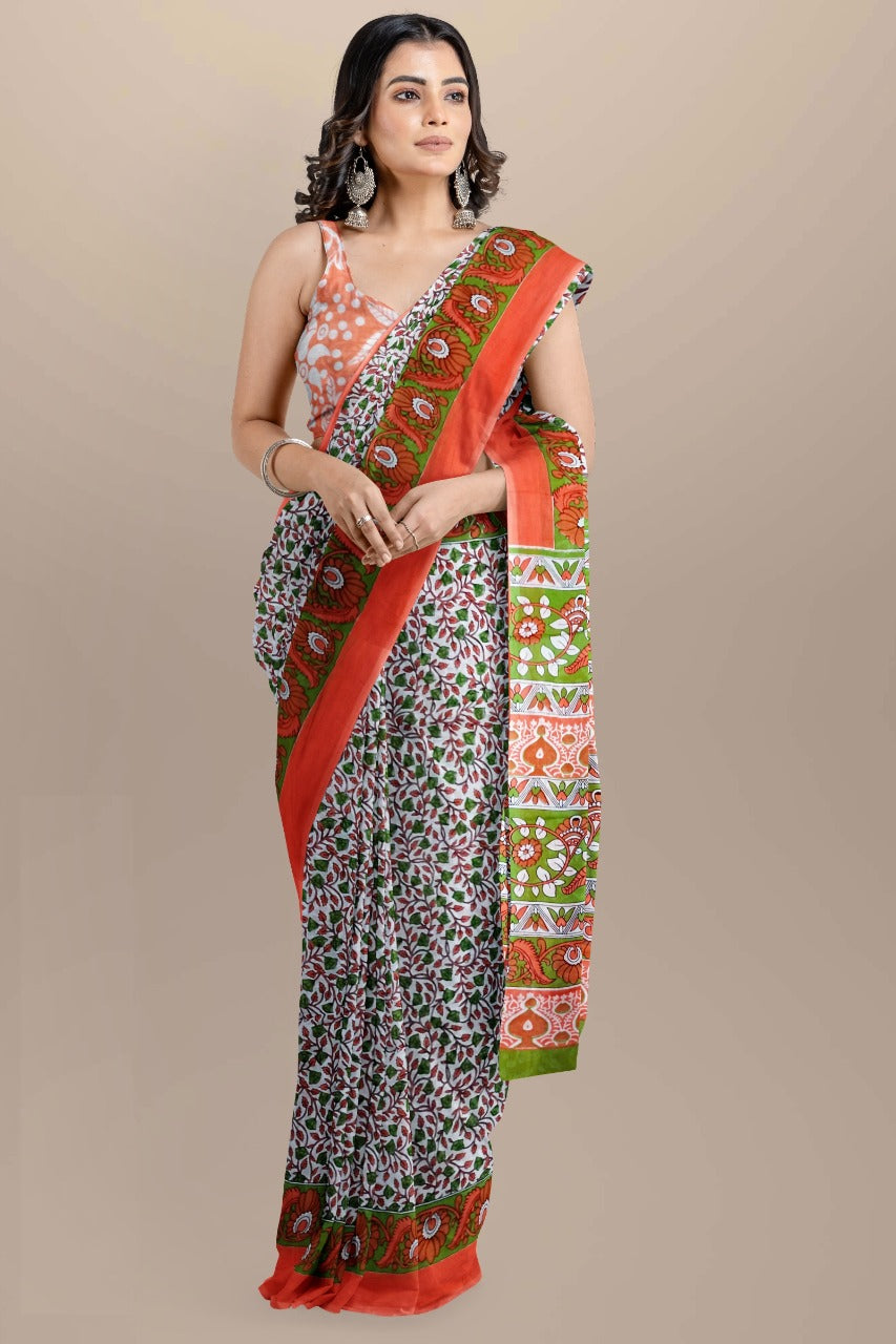 Buy MySilkLove Venus Grey Handblock Printed Cotton Mulmul Saree Online