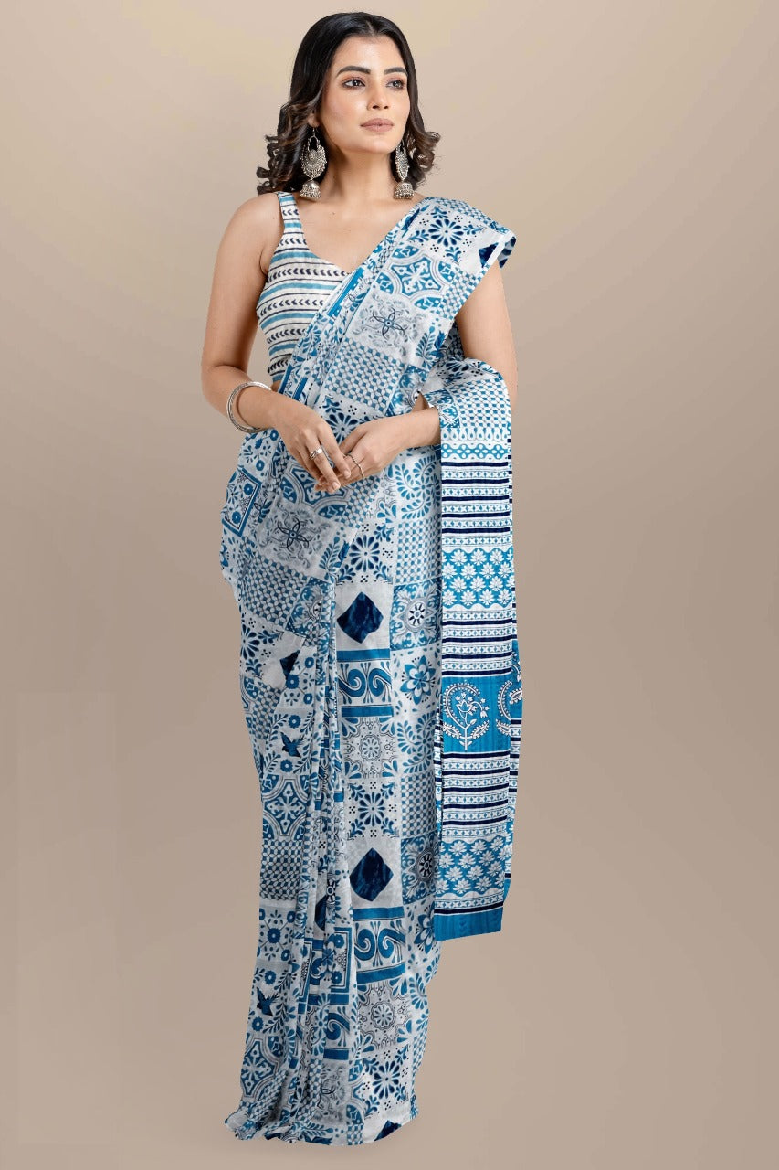 Buy MySilkLove Calypso Blue Handblock Printed Cotton Mulmul Saree Online