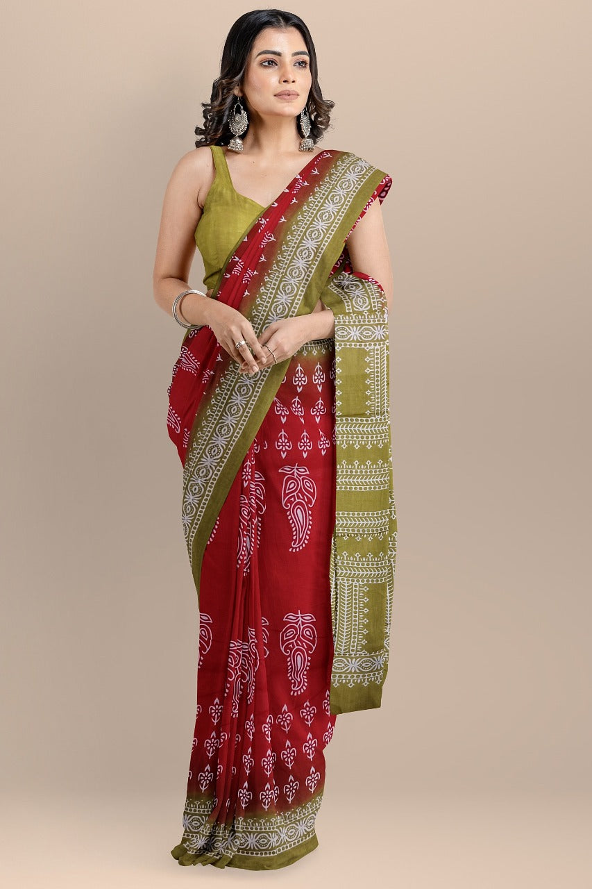 Buy MySilkLove Dark Burgundy Red and Green Handblock Printed Cotton Mulmul Saree Online