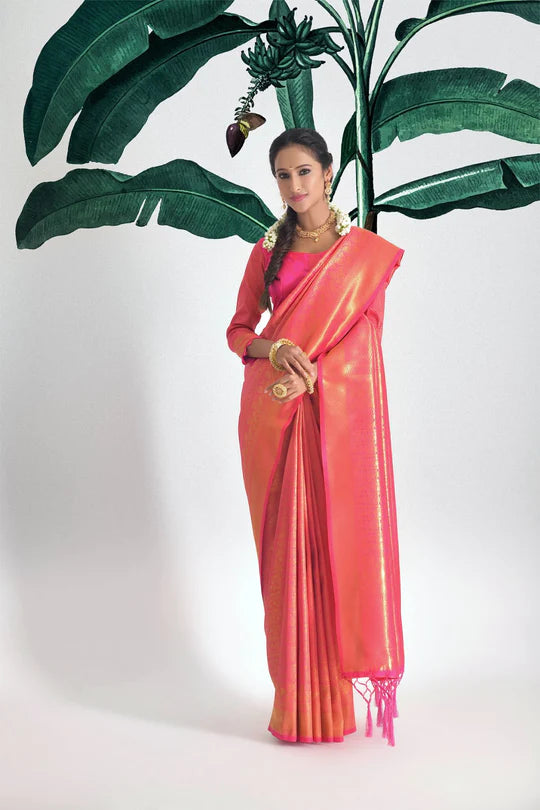 Buy MySilkLove Cinnabar Pink Zari Woven kanjivaram Saree Online