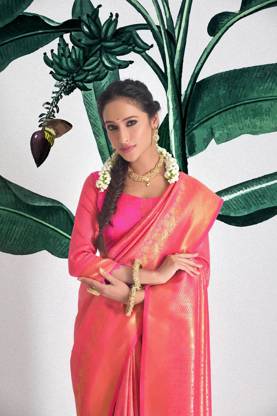 Buy MySilkLove Cinnabar Pink Zari Woven kanjivaram Saree Online