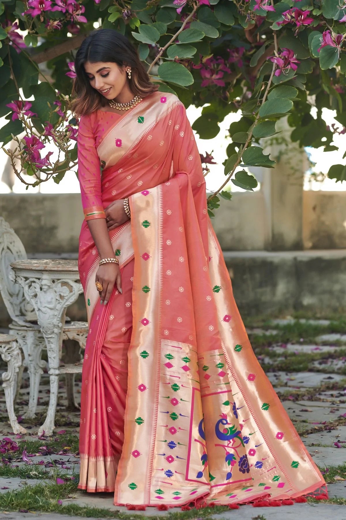 Buy MySilkLove Bittersweet Peach Banarasi Silk Paithani Saree Online