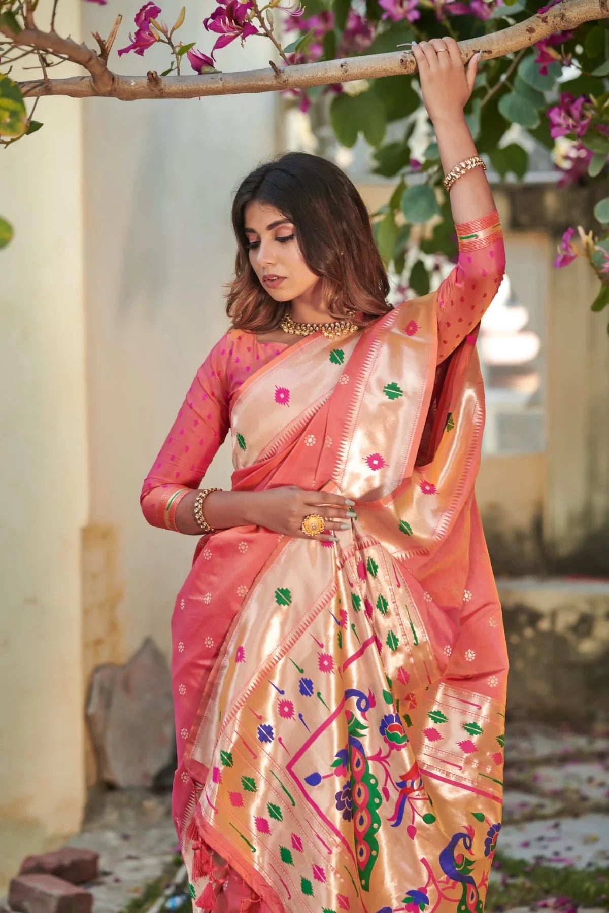 Buy MySilkLove Bittersweet Peach Banarasi Silk Paithani Saree Online